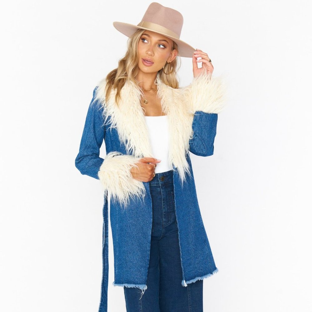 Show Me Your MuMu Blue Denim Coat with Cream Faux Fur Trim